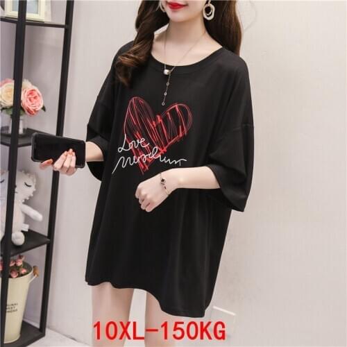 Large size womens T-shirt love large size 7XL 8XL 9XL10XL summer round neck short sleeve casual loose black big t-shirt top