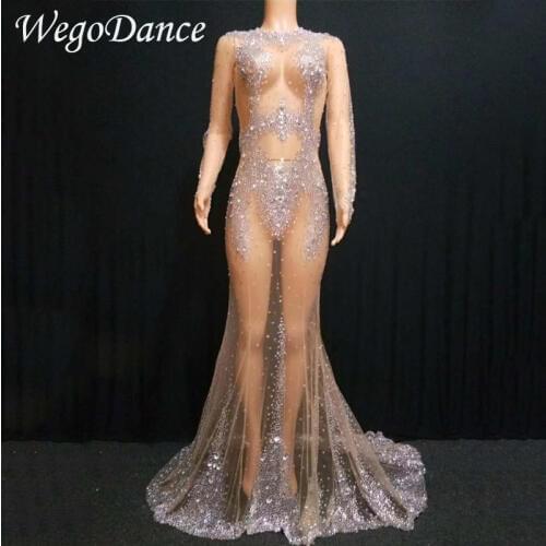 Hot Sexy New Glass Rhinestone Long Sleeves Perspective Dress See Through Women Birthday Nightclub Singer Dancer Dresses