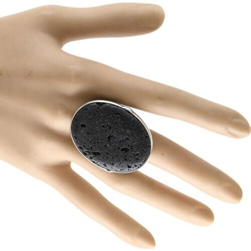 Popular Silver Plated Oval Shape Black Lava Stone Resizable Finger Ring for Party Gift Jewelry