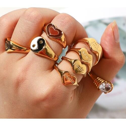 Engraved Bitch Poppin Word Stainless Steel Lettered Rings For Women 18K Gold Plated Heart Shape Zircon Finger Rings