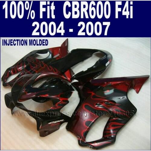 ABS Injection Fairings Kit For Honda 2004 2005 2006 2007 CBR600 F4i Cbr 600 F4i 04 05 06 07 Black With Red Flames Fairing Kits