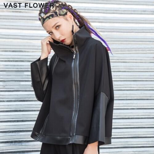 Black Zipper Patchwork PU Leather Oversized Jacket Women Fashion Loose Causal Coats Jackets Vintage Clothes Autumn Winter 2020