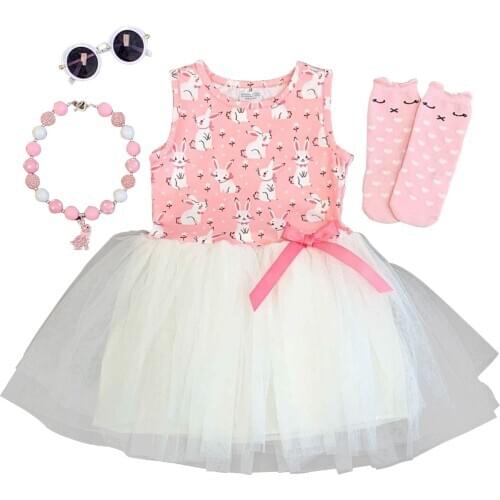 Girl Summer Sleeveless Dress Cartoon Rabbit Print Mesh Yarn Stitching A-Line Princess Dress Pink European And American