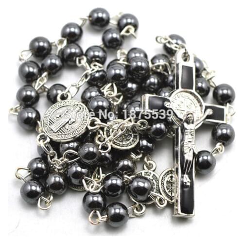 Fashion hematite bead catholic rosary, St Benedict connectors, center piece, and crucifix cross