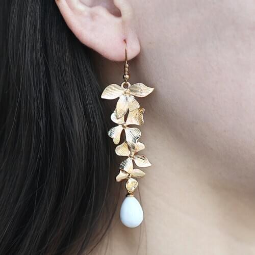 Orchid Flower Dangle Earring Fashion Leaf Simulated Pearl Earring Delicate Female Bridal Wedding Jewelry Gift Exquisite Earring