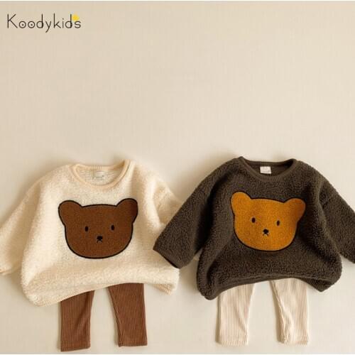 Koodykids 2020 Autumn Winter Baby Girl Boy Clothes Set Baby Boy Girl Cute Bear Coat Pants Fleece Top Long Sleeve Coat