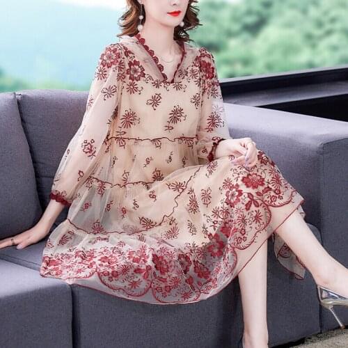 Summer Women V Neck Embroidery Red Black Flower Beige Dress with A Hood , A Line Sweet Hooded Dresses for Woman Clothing