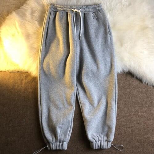 Gray Black Solid Preppy Style Thick Sweat Pants for Teens Girls Women Winter Harem Pants Elastic High Waist Warm Casual Clothes