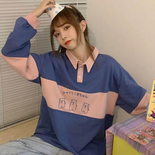Thin cotton POLO Shirt contrast stitching long-sleeved T-shirt female 2020 autumn new student Korean loose cute bear Blouse Top