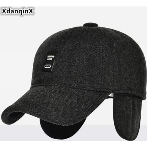 XdanqinX Snapback Cap Winter Middle-aged Mens Warm Hat Woolly Thick Baseball Caps With Ears Adjustable Size Earmuff cap For Men