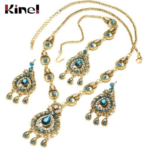 From India Vintage Look Jewelry Sets Pendants Necklace Earring For Women Gold-Color Mosaic Blue Crystal Party Gifts