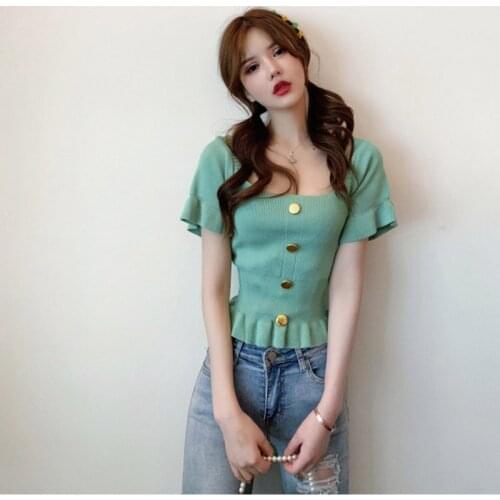 Women T-Shirt Solid Color Knit Casual Tops Female Square Collar T-Shirt Button Puff Sleeved Sexy Slim Tee Tops New