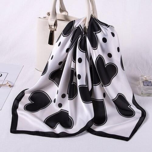 Womens Cute Love Printed Silk Square Scarf Foulard Summer Kerchief Female Small Bandan Decorative Bag Twill Scarf 70*70cm