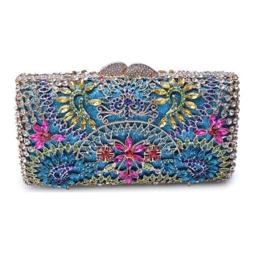 Female gold/blue crystal Diamond Clutch small Purse Women Crystal Bags Evening Wedding Party Handbag Bridal Metal Minaudiere