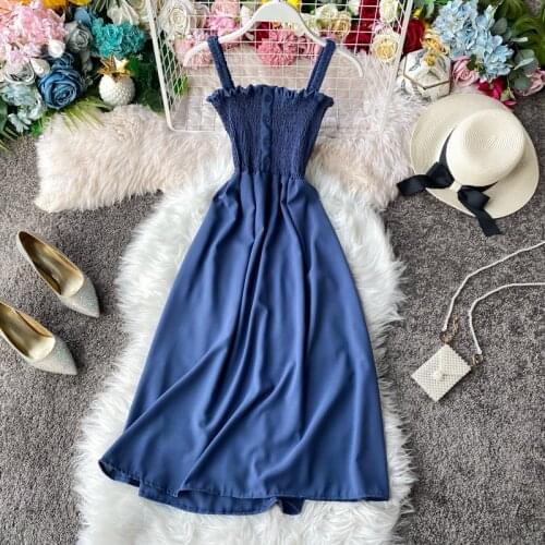 2021 Summer Women Dress Spaghetti Strap Draped Mid-calf Dress Girls Beach Empire Strapless Solid A-line Long Dress Female Dress