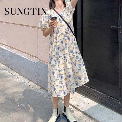 Sungtin Vintage Puff Sleeve Print Loose Long Dress Women Korean Chic O Neck A Line Cupcake Dress Summer Cozy Casual Vestido 2021