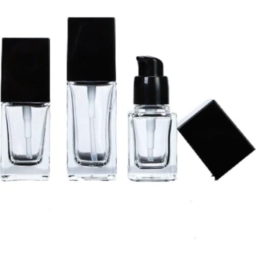 15ML 20ML 30ML 40ML Clear Glass Refillable Bottle Black Lotion Pump Lid Cosmetic Packaging Container Travel Square Vials15pieces