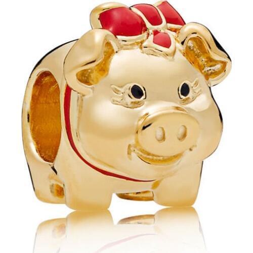 925 Sterling Silver Piggy Bank Charm Shine Black & Red Enamel Original Jewelry Making Fits For Bracelets & Bangle