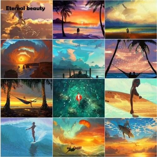 Diamond Painting Beach Scenery Surfing Cross Stitch Kits Japanese Hand Drawn Anime Style Landscape Diamond Mosaic Art Paintings