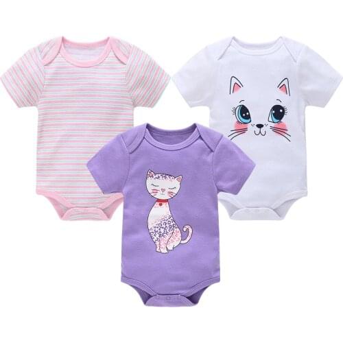 2020 Fashion Baby Girls Bodysuits 3 PCS Short Sleeve Cute Cat Printing Cotton Summer Girl Clothes Newborn Toddler Clothing