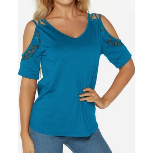 Off The Shoulder T Shirt 2020 Summer New Chic Simple Solid Color V-Neck Lace Short Sleeve Plus Size Casual Tee Clothes Y2k Top