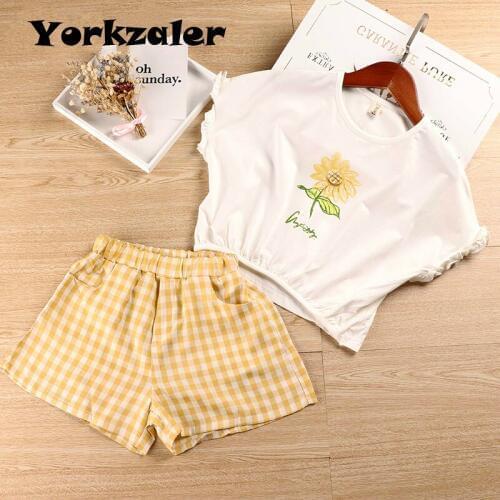 Toddler girl Summer Clothes Set for Kdis Girl Sunflower White Shirt and Yellow Plaid Shorts for 3-7Y Soft Wear Clothing Suit