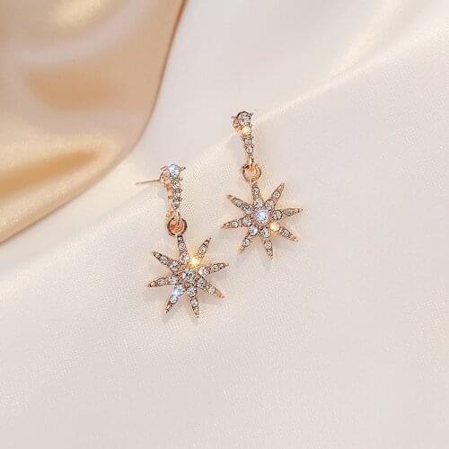 Korean Shiny Rhinestone Star Drop Earrings for Women Girls Sweet Gold Color Metal Statement Earrings Wedding Bridal Jewelry
