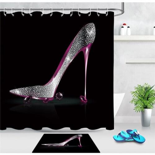LB Sliver Pink Diamonds Girly Shoe Shower Curtain Creative Design Fashion High Heels on Black Background Girls Shower Curtain