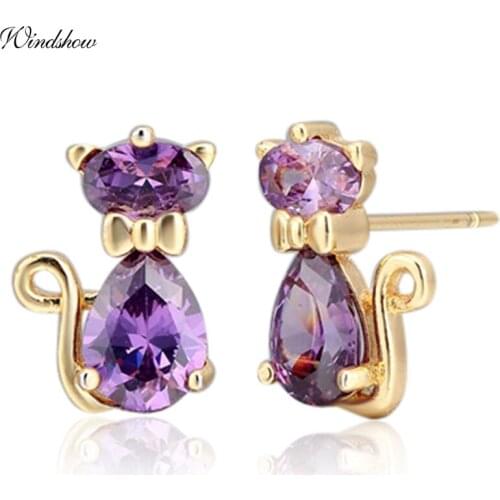 Yellow Gold Color Cute Bow Knot Aritificial Purple Cats Stud Earrings for Women Children Girl Kids Gatos Jewelry Aros