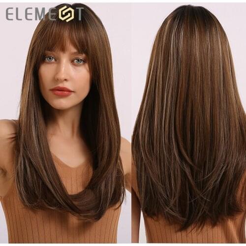 Element Synthetic Long Straight Ombre Brown Mix Grey Wigs with Bangs for White/Black Women Heat Resistant Daily or Party Wigs