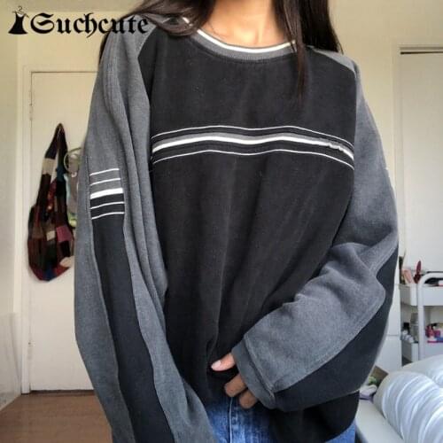 SUCHCUTE Preppy Style Patchwork Print Sweatshirt Goth Wide Long Sleeve Casual Pullovers Streetwear E Girls Sweatshirts Punk Tops