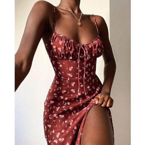 Robe Femme Summer Dress Women Floral Print Spaghetti Straps Dresses Backless Side Split Y2K Dress For Woman Vestido De Mujer