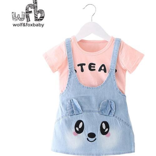 Retail 0-3 years short-sleeve girl dress of children summer round neck Embroidery bear