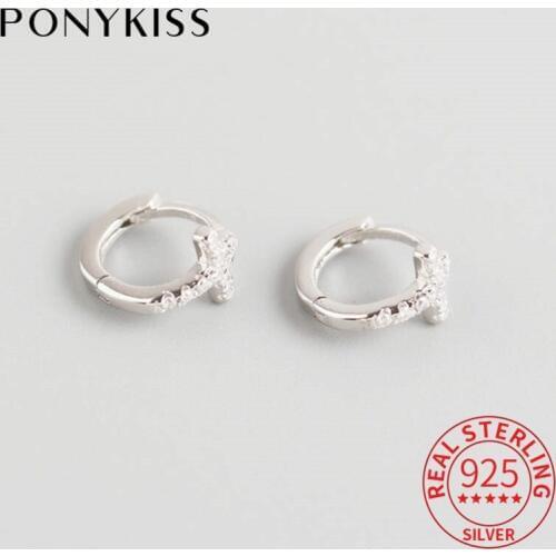 PONYKISS Genuine S925 Sterling Silver Cross Zircon Minimlist Hoop Earrings Women Party Fine Jewelry Accessories Classic Gift