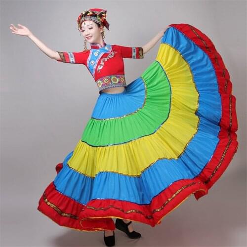 Chinese Traditional Costume Stage Dance Wear Folk Costume Performance Festival Tibetan Outfit Long Skirt For Women Dancing T2603