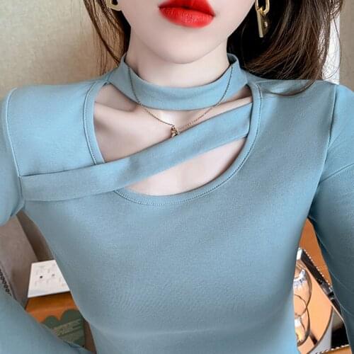 Korean Top 2021 Spring Solid Hollow Out Tshirt Sexy V Neck Long Sleeve T-shirt Women Black Blue Tee Shirt Femme Womens Clothing