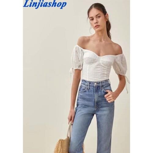 Vintage White Floral Appliques Cropped Chic Short Sleeve Tie Ropa Mujer Fashion Off Shoulder tops Women