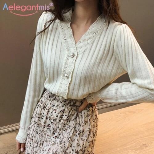 Aelegantmis Elegant Knitted Cardigan Sweater Women Autumn Winter Long Sleeve Sweaters Ladies Sexy V Neck Lace Knit Primer Shirt