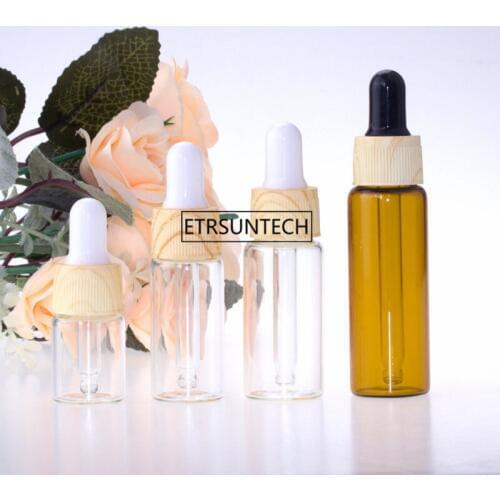 100pcs 5/10/15/20ml Clear Glass Dropper Bottles With Wood Cap for Essential Oil Perfume Sample Bottle F2526