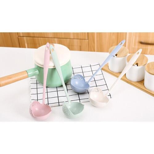 100pcs Dual Purpose 2 in 1 Spoon with Filter Soup Ladle Wheat Straw Long Handle Spoons Colander Kitchen Tools WB1542