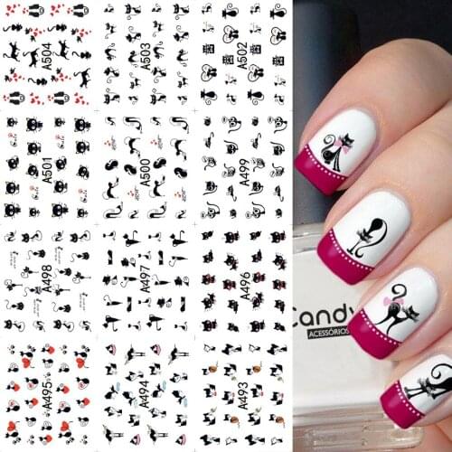 12pc Black Cat Nail Art Stickers Cute Cartoon Water Transder Slider And Decals Press on Nails Manicure Decorations NLA493-504