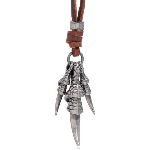 2021 Mens Cool Creative Design Rock Charm Punk Brown Alloy Claw Pendant Necklace Genuine Leather Necklace
