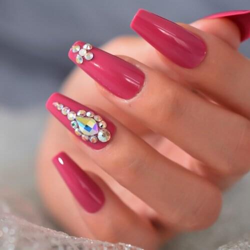 Rose Pink 24pcs Medium Coffin Nails 3D Customized UV Gel Nail Adhesive Rhinestone Tapered Glossy False Nail