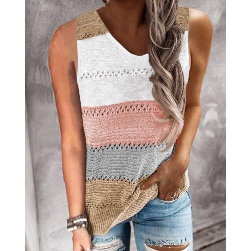 Sexy V-neck Sleeveless Women Blouse Shirt 2021 Summer Stripe Patchwork Knitted Vest Tops Spring Loose Blusa Pullover Streetwear