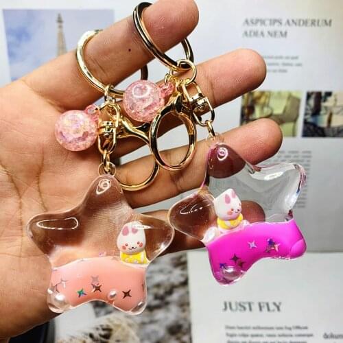 Five Pointed Star Cartoon Cute Rabbit Floating Car Key Chain Quicksand Car Metal Key Rings Cute Bag Pendant Accessories Gift