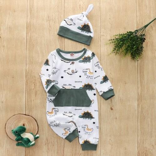 Baby Romper with Cap, 2021 New Fashion Kids Dinosaur Print Round Neck Long Sleeve Jumpsuit with Pocket+ Hat, 0-24 Months