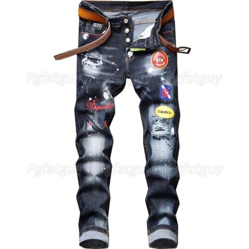 European Brand Mens dsq Jeans Denim Trousers Slim Badge Embroidered Patchwork Jeans Ripped Hole Pants Pantalons Pour Hommes