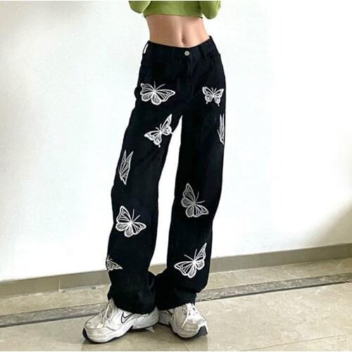 Butterfly Print Jeans Vintage Slim Loose Straight-Leg Pants Trousers Womens High Street Cool Black High-Waisted Pants 2021