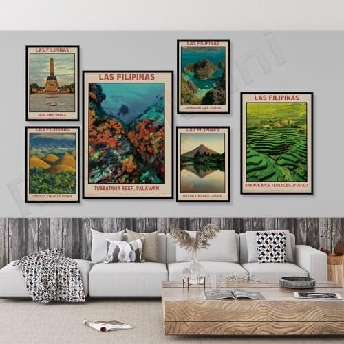 Philippine travel wall art, Banaue Terraces, Manila, Chocolate Hills, Chuanshan Waterfall, Cebu, Bohol White Beach, Boracay Isla