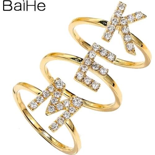 BAIHE Genuine Solid 14K White/Yellow/Rose Gold 0.20CT H/SI Natural Diamonds Fine Jewelry Trendy Letter Ring Women Engagement